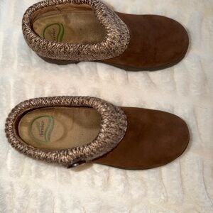 Dansko Chestnut Suede Mules with Knit Collar